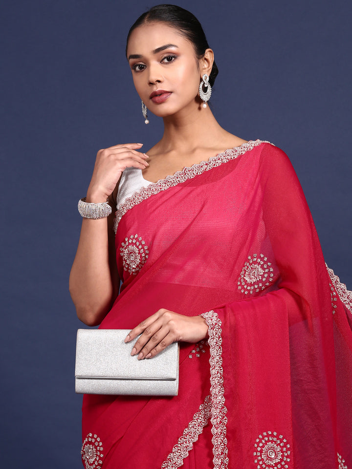 Rani Pink Satin Aari Embroidery Saree