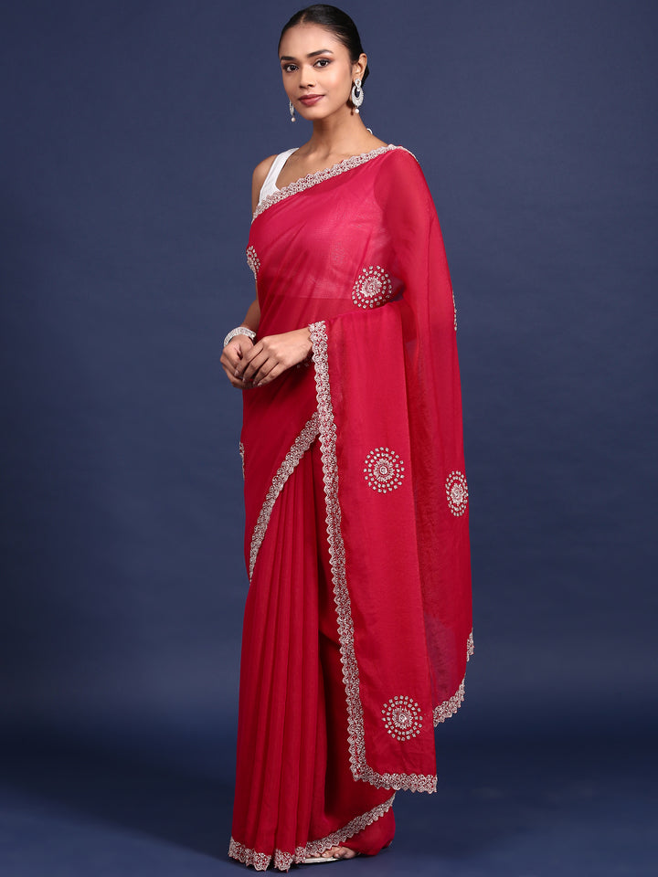 Rani Pink Satin Aari Embroidery Saree