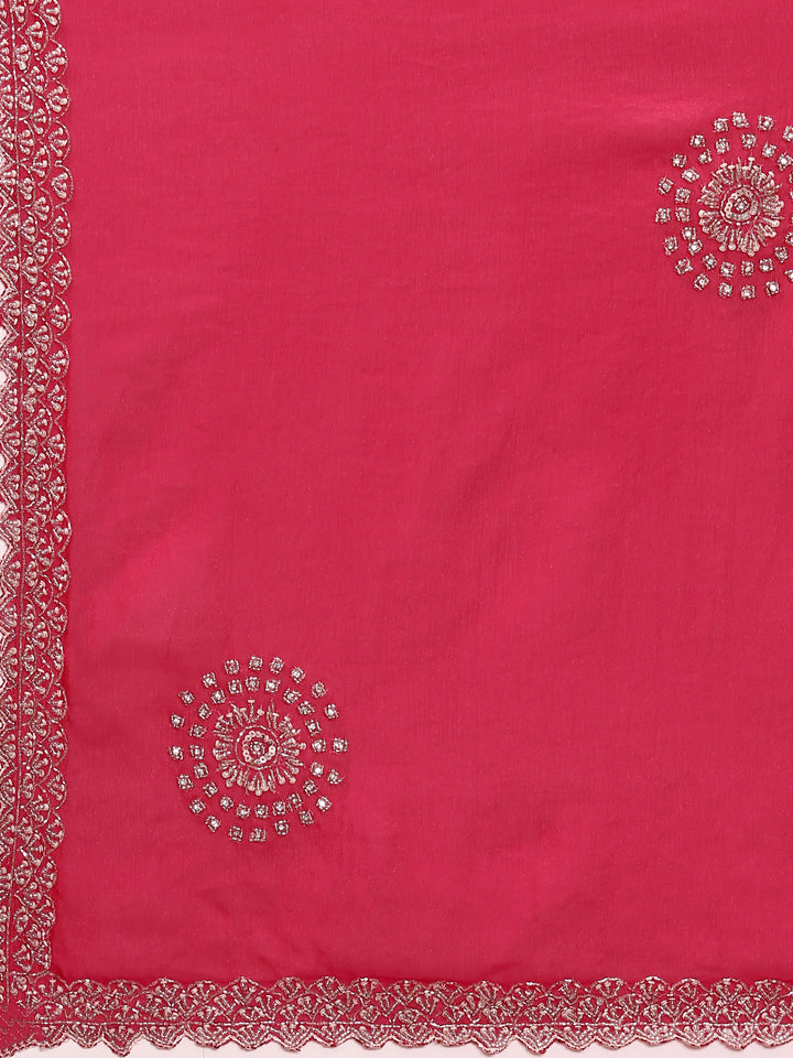 Rani Pink Satin Aari Embroidery Saree