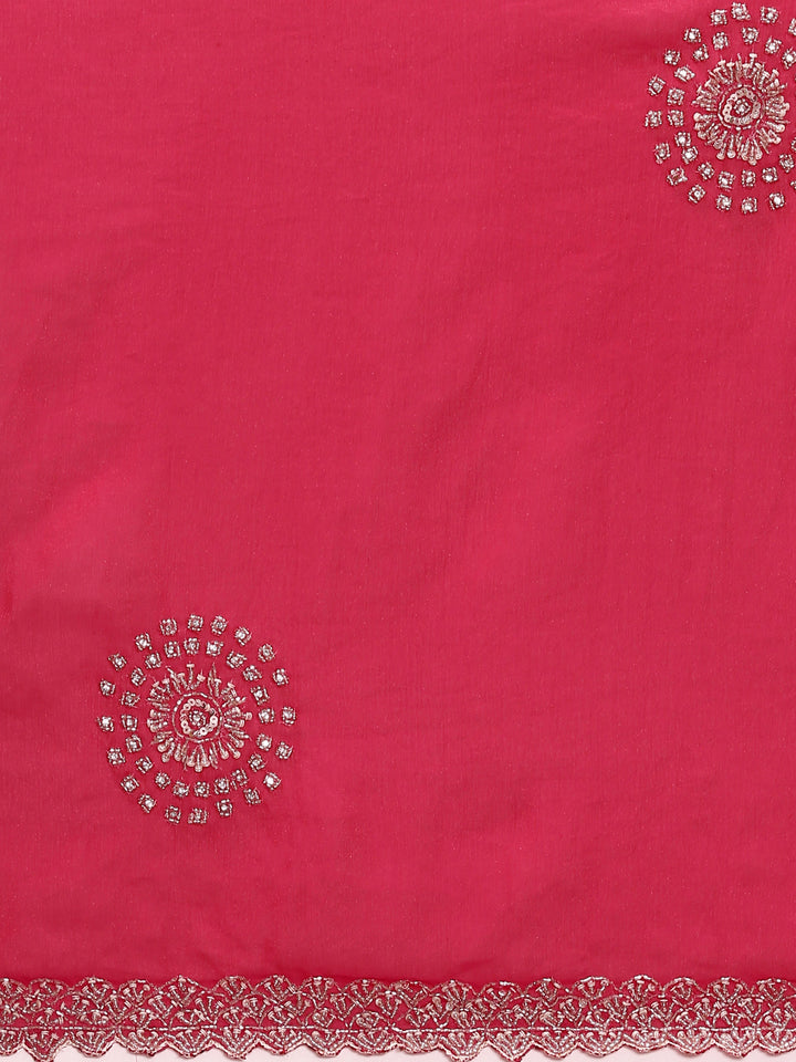 Rani Pink Satin Aari Embroidery Saree