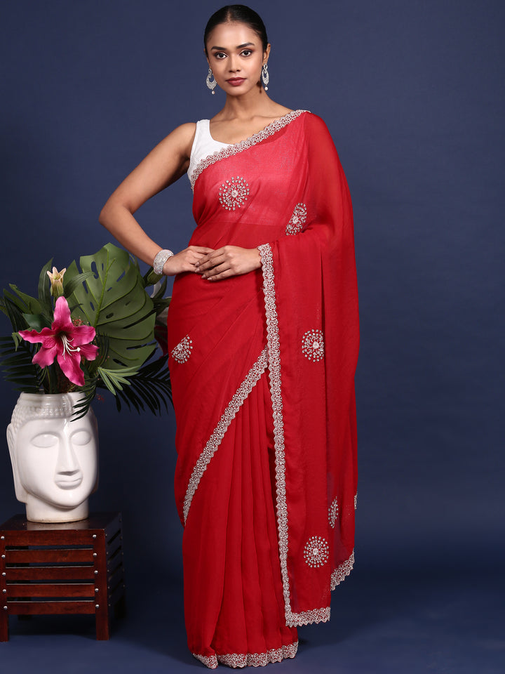 Red Satin Aari Embroidery Saree