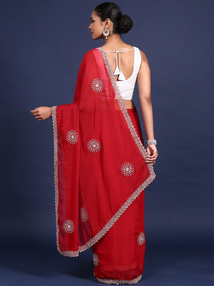 Red Satin Aari Embroidery Saree