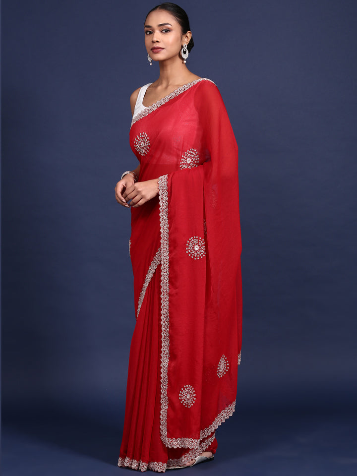 Red Satin Aari Embroidery Saree