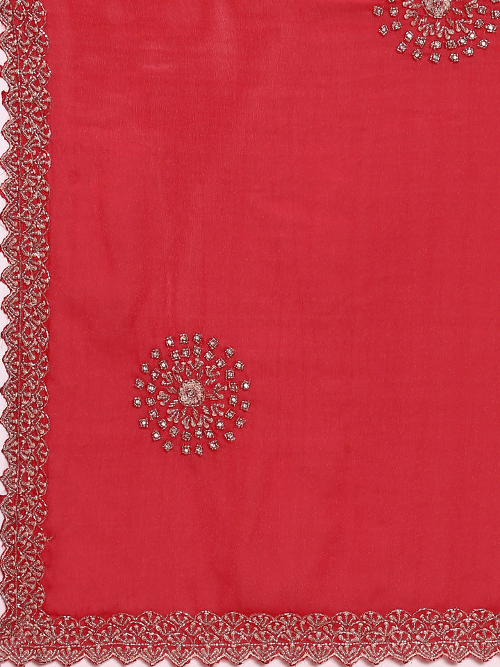 Red Satin Aari Embroidery Saree