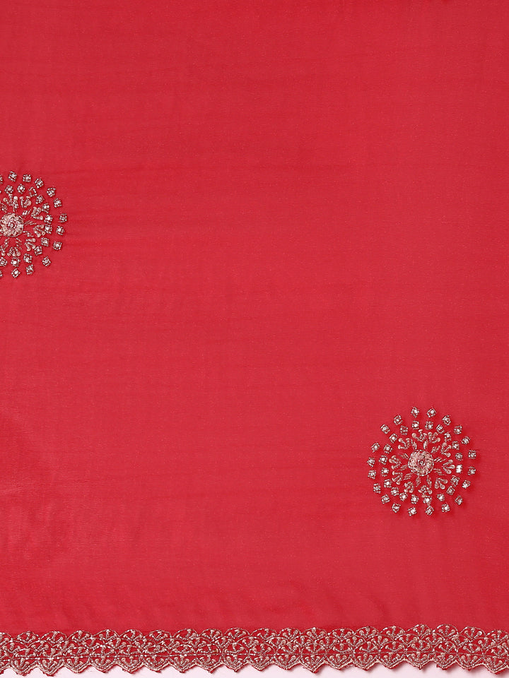 Red Satin Aari Embroidery Saree