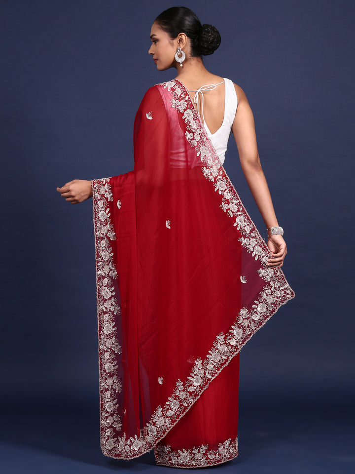Maroon Organza Aari Embroidery Saree