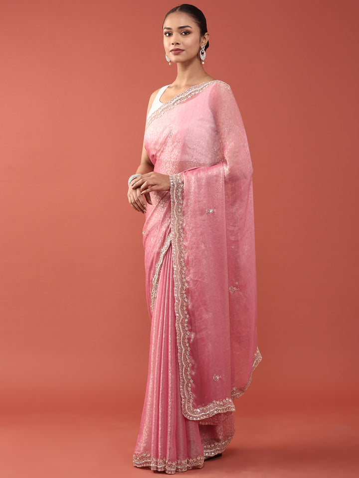 Onion Pink Jacquard Zari Embroidery Saree