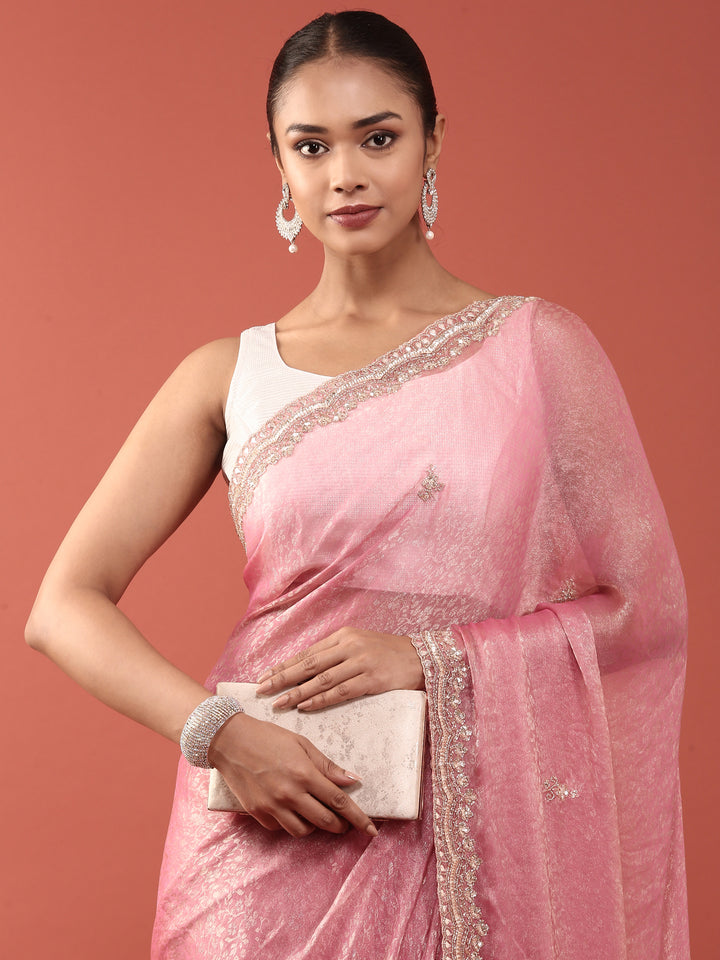 Onion Pink Jacquard Zari Embroidery Saree