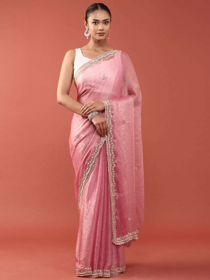 Onion Pink Jacquard Zari Embroidery Saree
