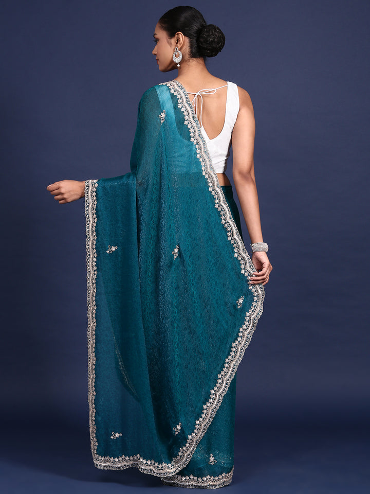 Rama Green Jacquard Zari Embroidery Saree