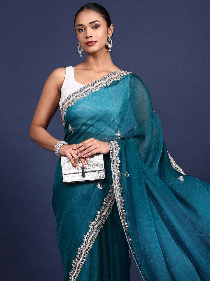 Rama Green Jacquard Zari Embroidery Saree