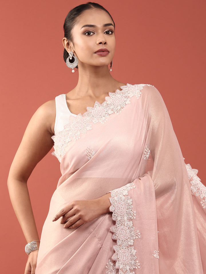 Pink Organza Stone And Thread Embroidery Saree
