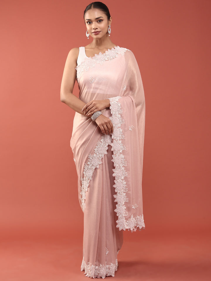 Pink Organza Stone And Thread Embroidery Saree