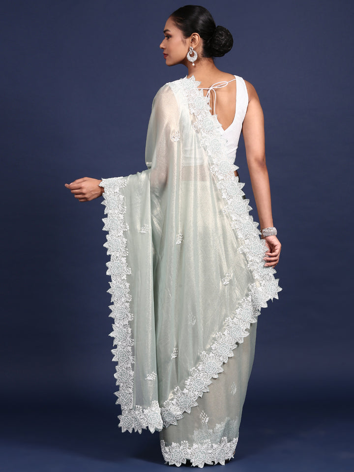 Sea Green Organza Stone And Thread Embroidery Saree