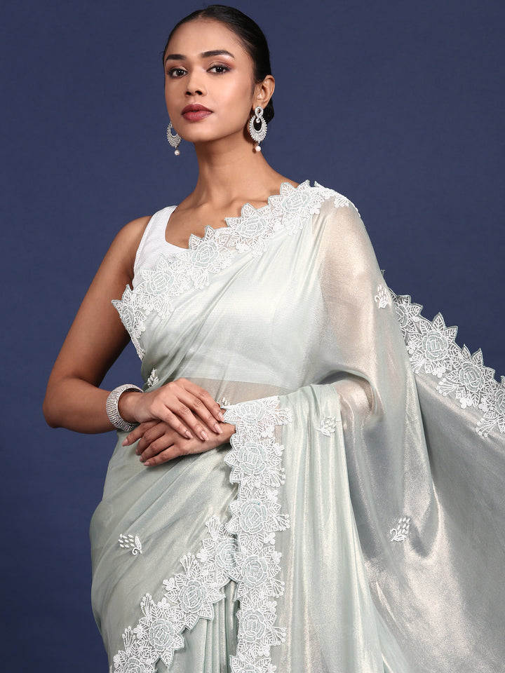 Sea Green Organza Stone And Thread Embroidery Saree