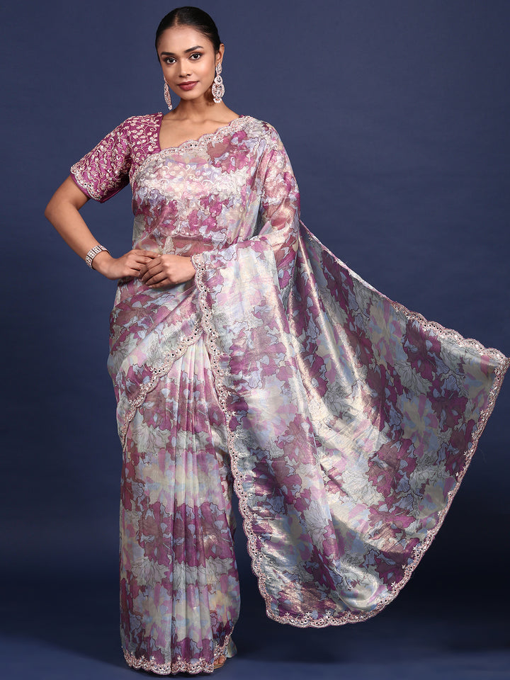 Printed Shimmer Weaved Saree With Readymade Blouse