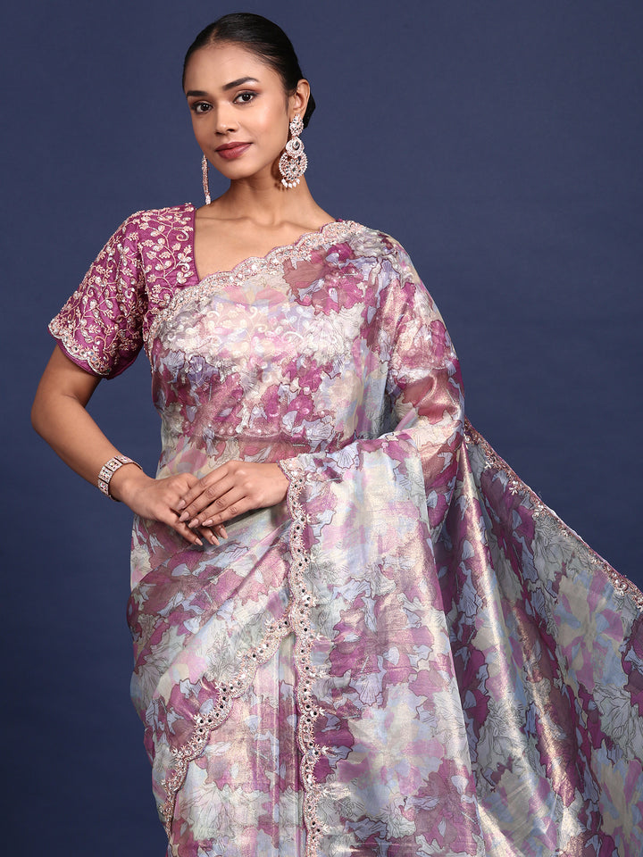 Printed Shimmer Weaved Saree With Readymade Blouse