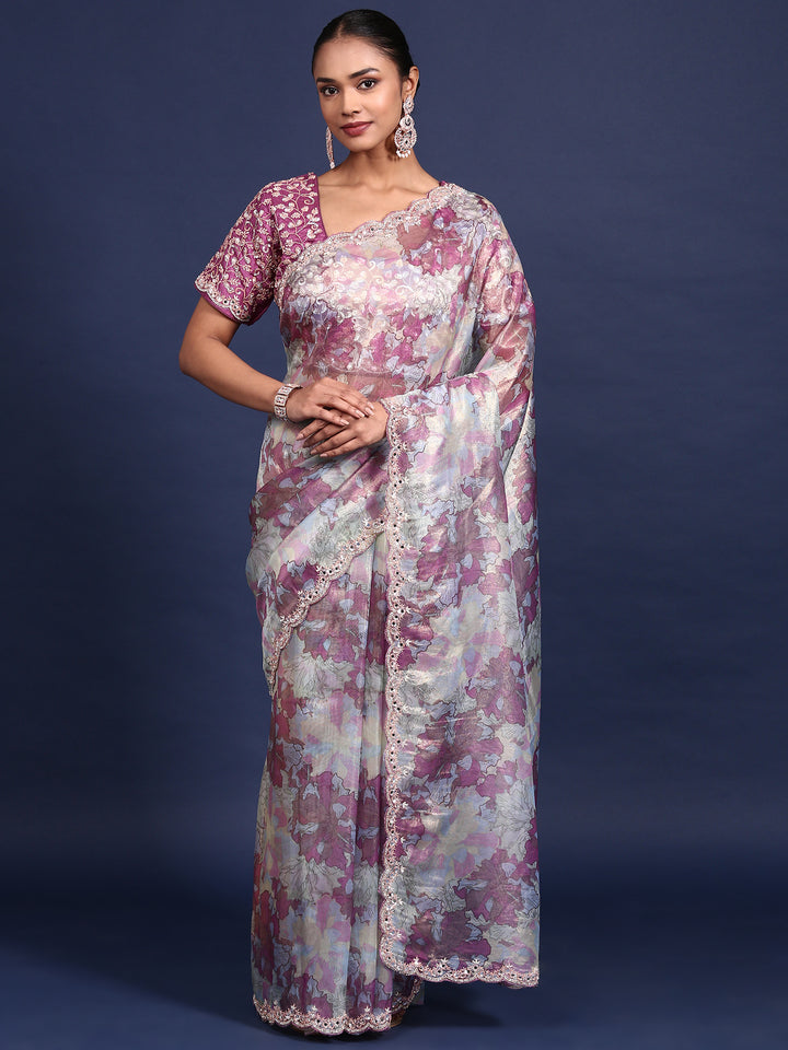 Printed Shimmer Weaved Saree With Readymade Blouse