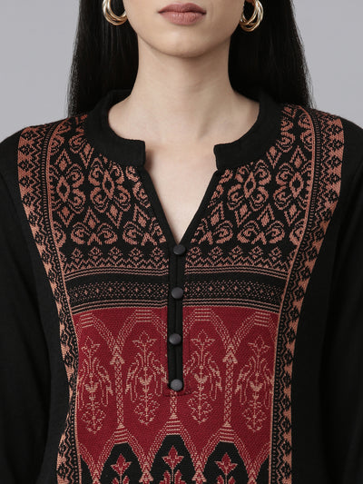 Neerus Winter Wear Band Collar Ethnic Motifs Woven Design Regular Fit Acrylic Kurta For Women