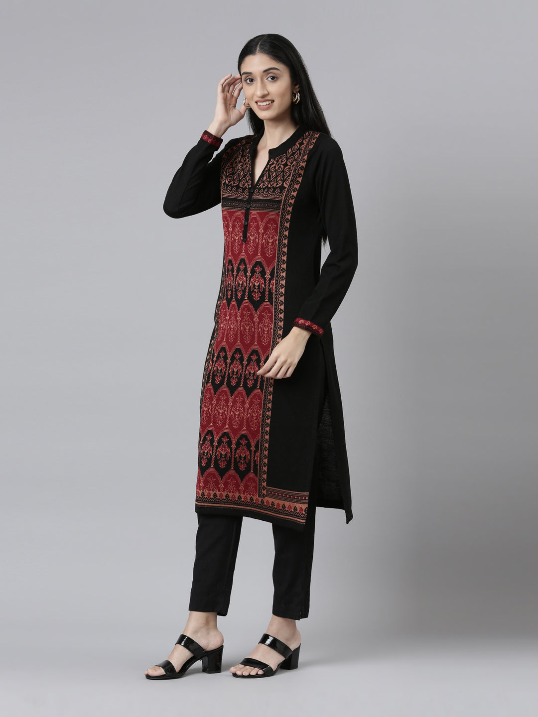Neerus Winter Wear Band Collar Ethnic Motifs Woven Design Regular Fit Acrylic Kurta For Women