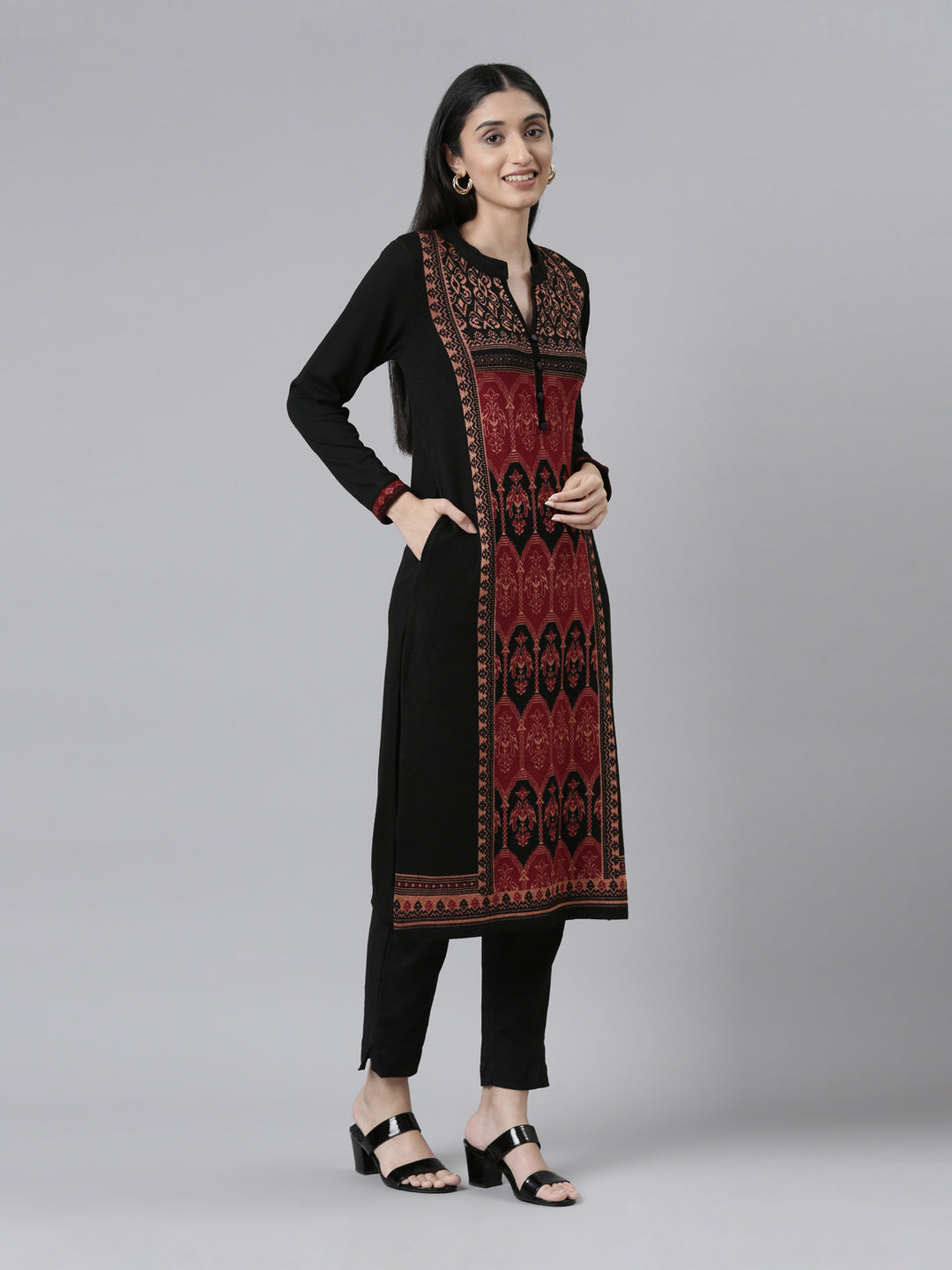 Neerus Winter Wear Band Collar Ethnic Motifs Woven Design Regular Fit Acrylic Kurta For Women