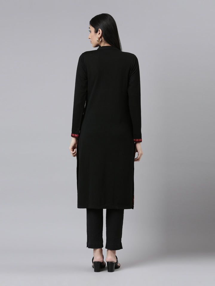 Neerus Winter Wear Band Collar Ethnic Motifs Woven Design Regular Fit Acrylic Kurta For Women