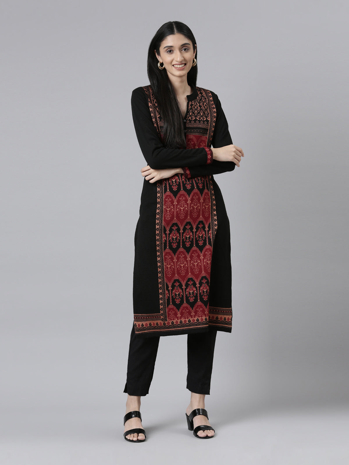 Neeru's Winter Wear Band Collar Ethnic Motifs Woven Design Regular Fit Acrylic Kurta For Women