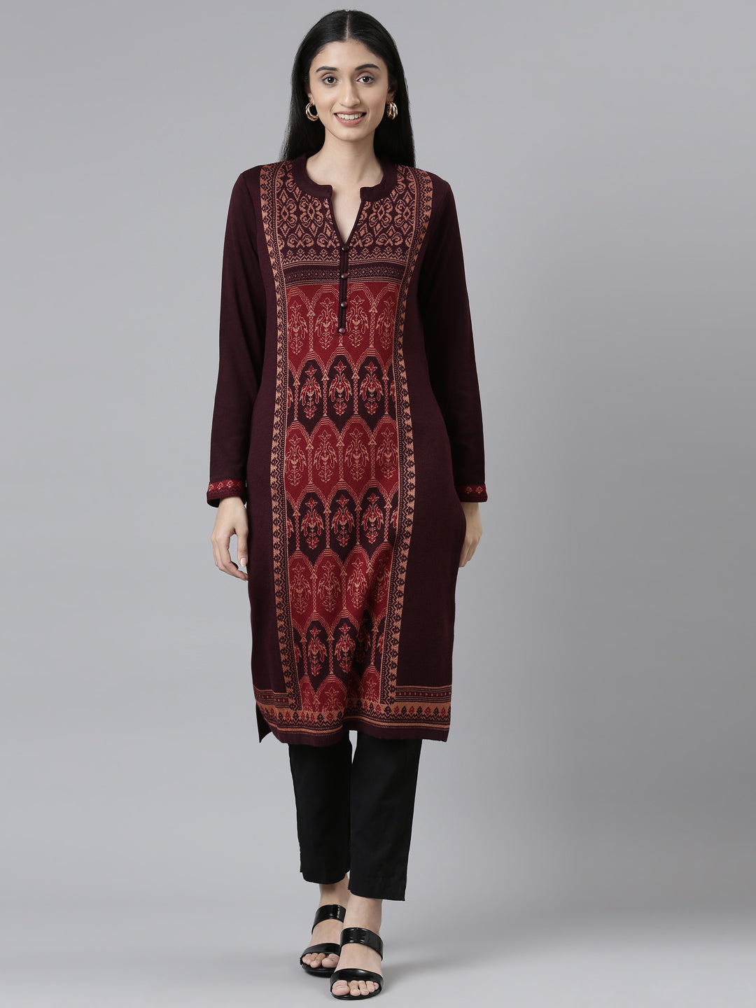 Neerus Winter Wear Woven Design Acrylic Kurta For Women