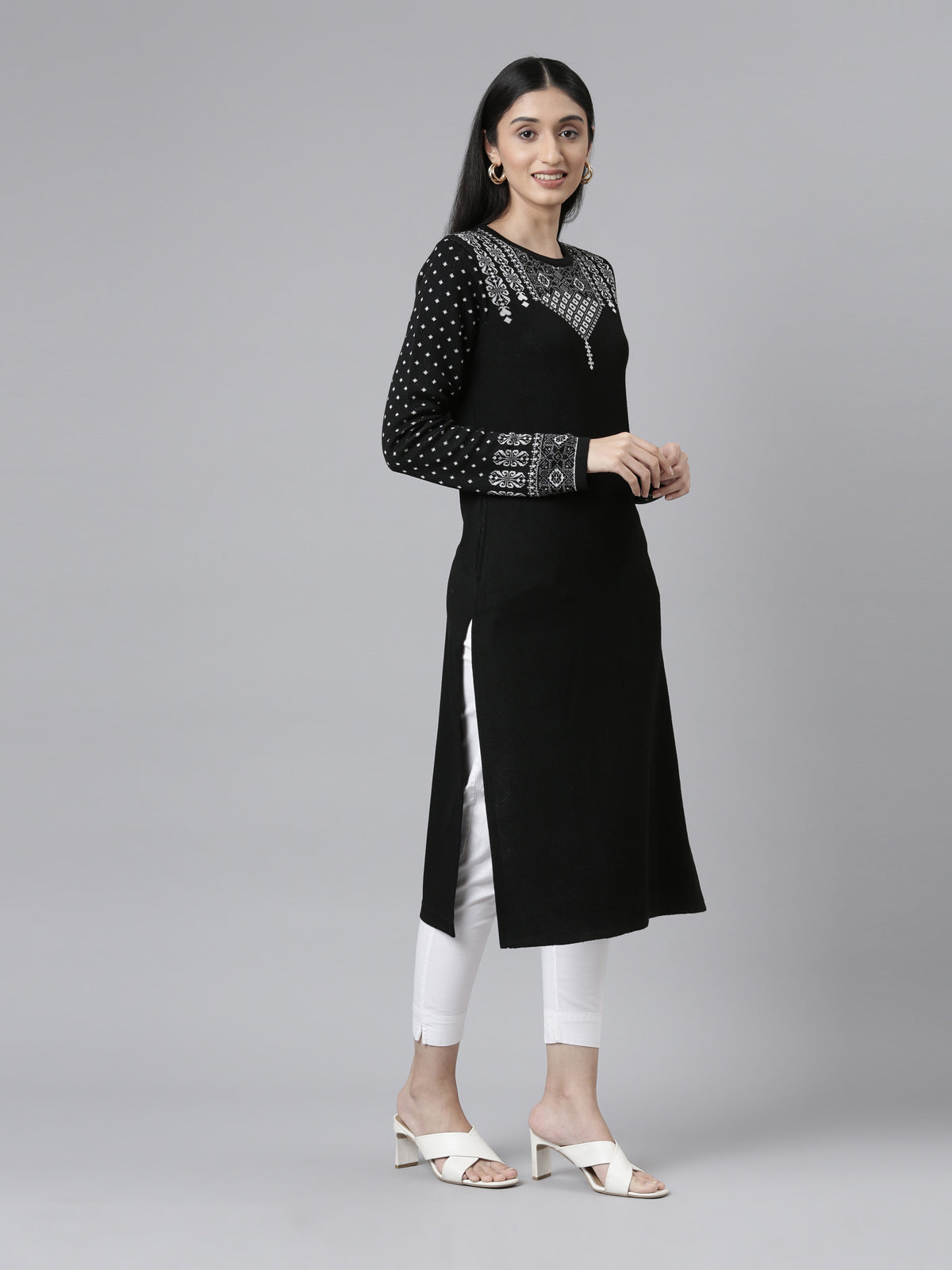 Neerus  Winter Wear Yoke Design Straight Fit Calf Length Acrylic Kurta For Women