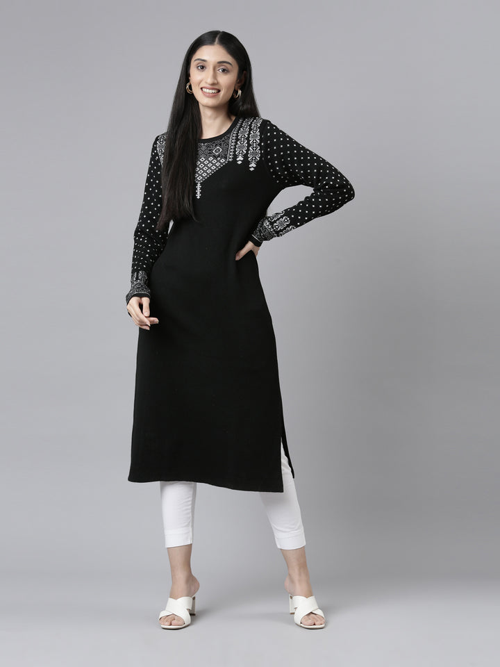 Neerus Acrylic embroidered straight kurti with yoke design - front view