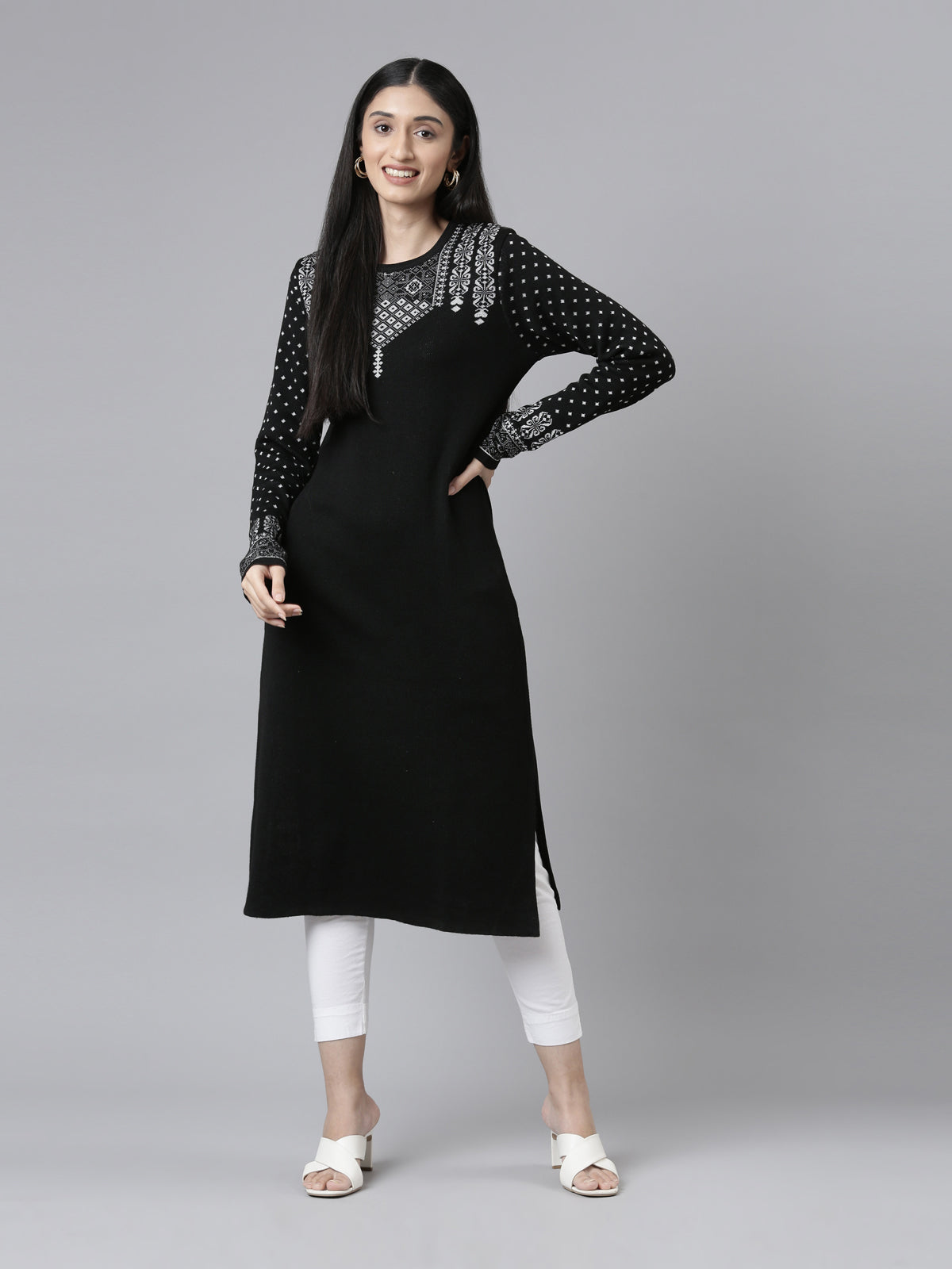 Neeru's Winter Wear Yoke Design Straight Fit Calf Length Acrylic Kurta For Women