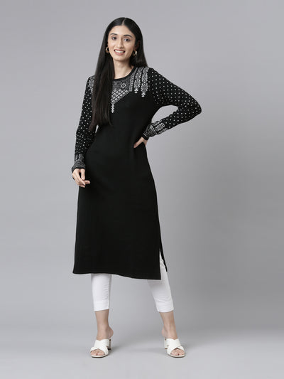 Neerus  Winter Wear Yoke Design Straight Fit Calf Length Acrylic Kurta For Women