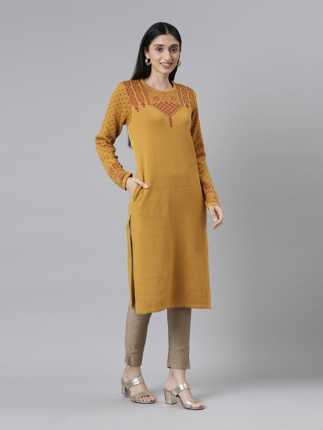Neerus Winter Wear Yoke Design Straight Knee Length Acrylic Kurta For Women