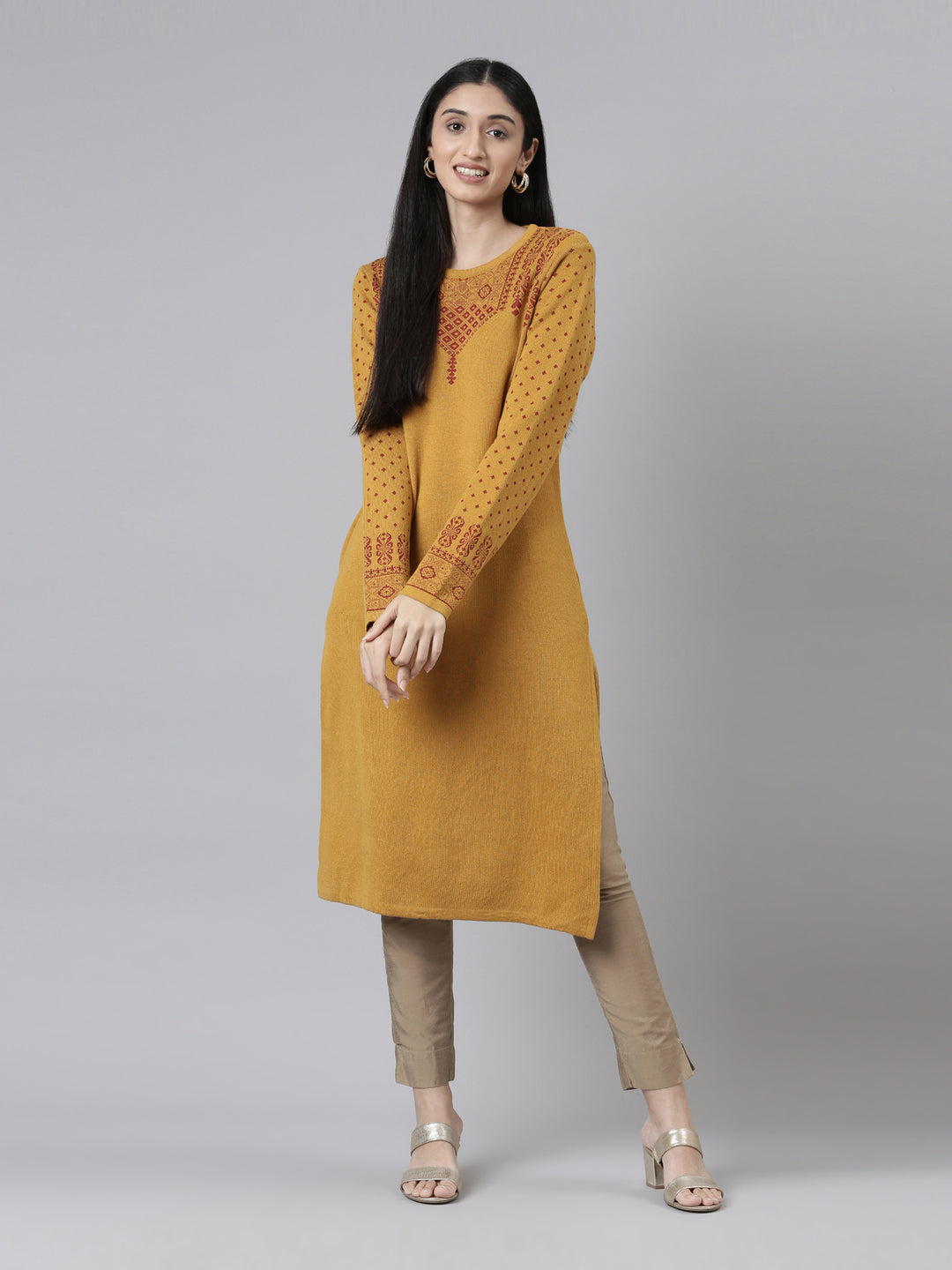 Neerus Winter Wear Yoke Design Straight Knee Length Acrylic Kurta For Women