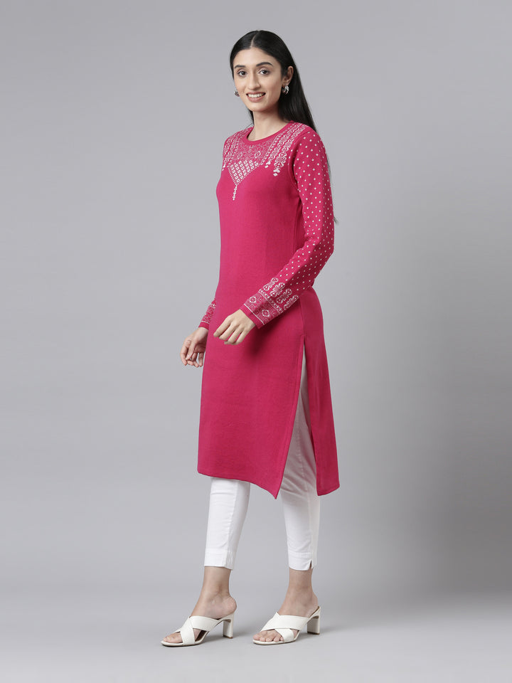 Neerus Winter Wear Yoke Design Straight Fit Regular Acrylic Kurta For Women