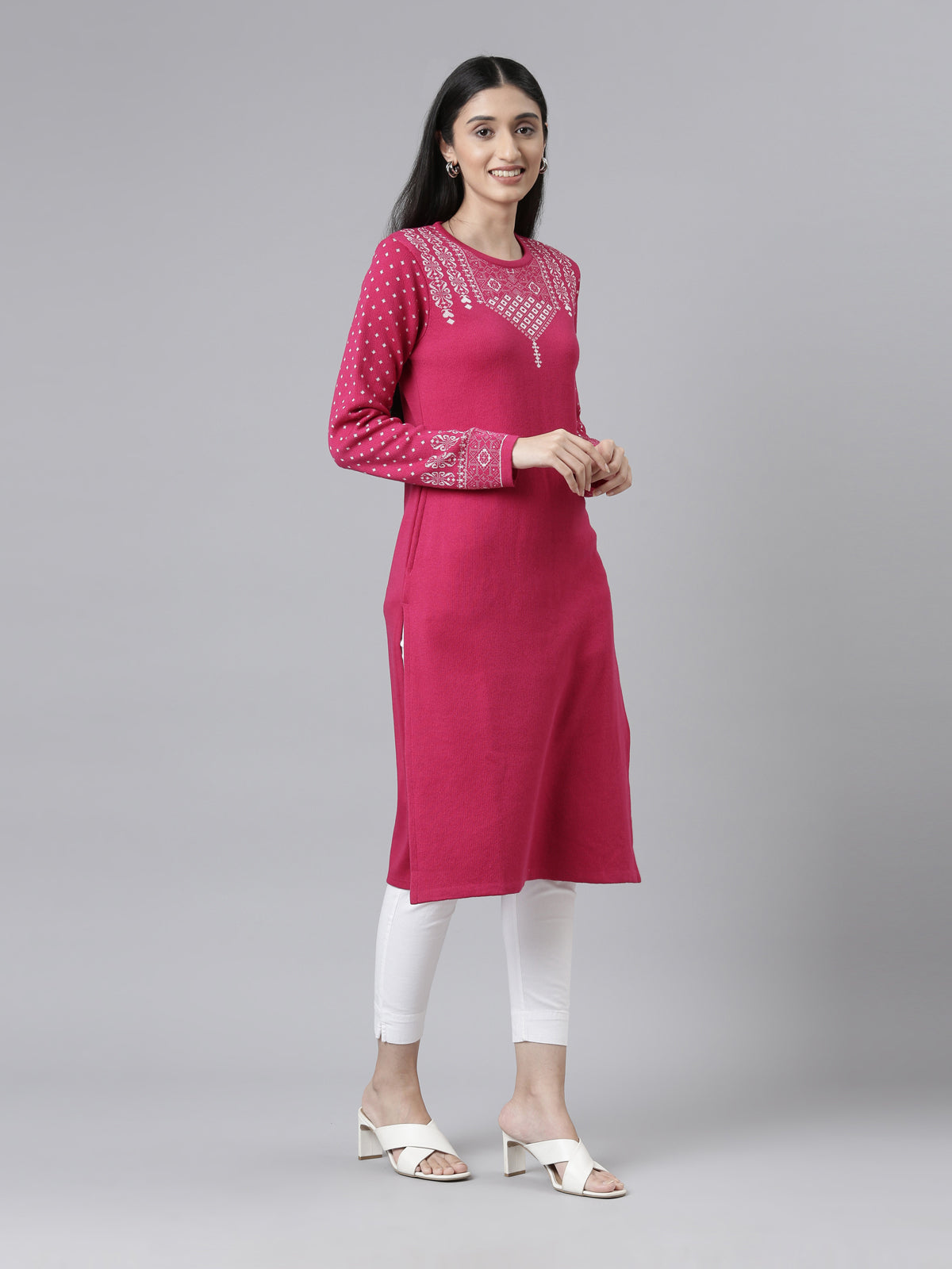 Neerus Winter Wear Yoke Design Straight Fit Regular Acrylic Kurta For Women