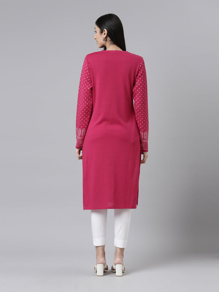 Neerus Winter Wear Yoke Design Straight Fit Regular Acrylic Kurta For Women