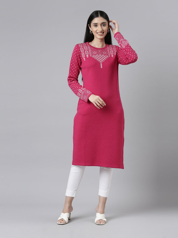 Neerus Winter Wear Yoke Design Straight Fit Regular Acrylic Kurta For Women