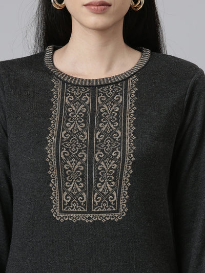 Neeru's Winter Wear Charcoal Yoke Design Straight Fit Regular Acrylic Kurta For Women