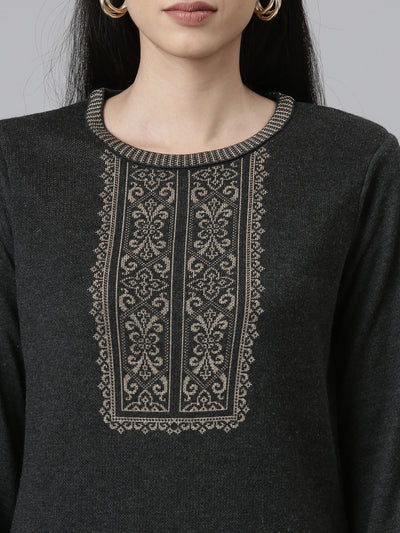 Neerus  Winter Wear Charcoal Yoke Design Straight Fit Regular Acrylic Kurta For Women