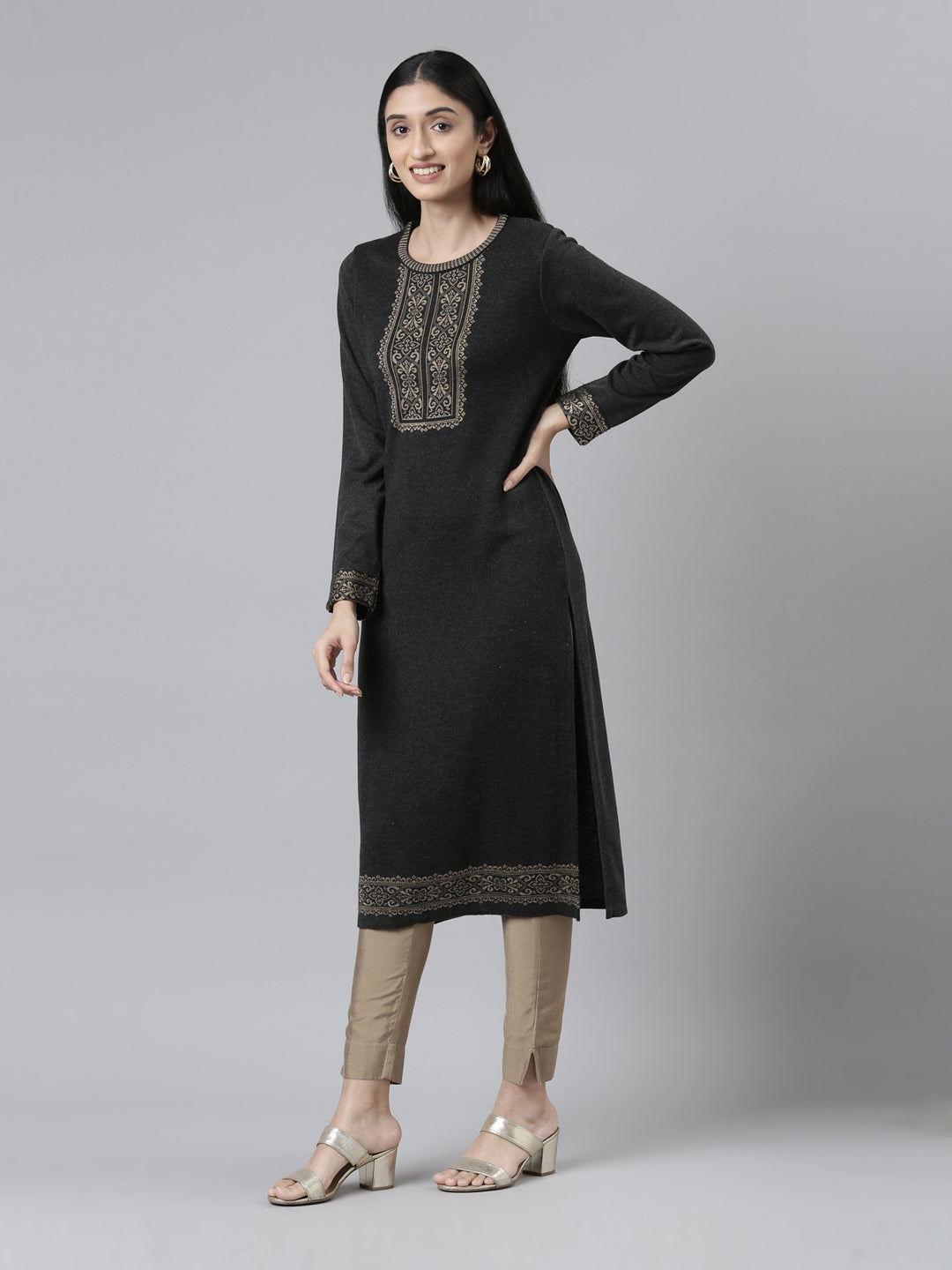 Neerus Winter Wear Charcoal Yoke Design Straight Fit Regular Acrylic Kurta For Women