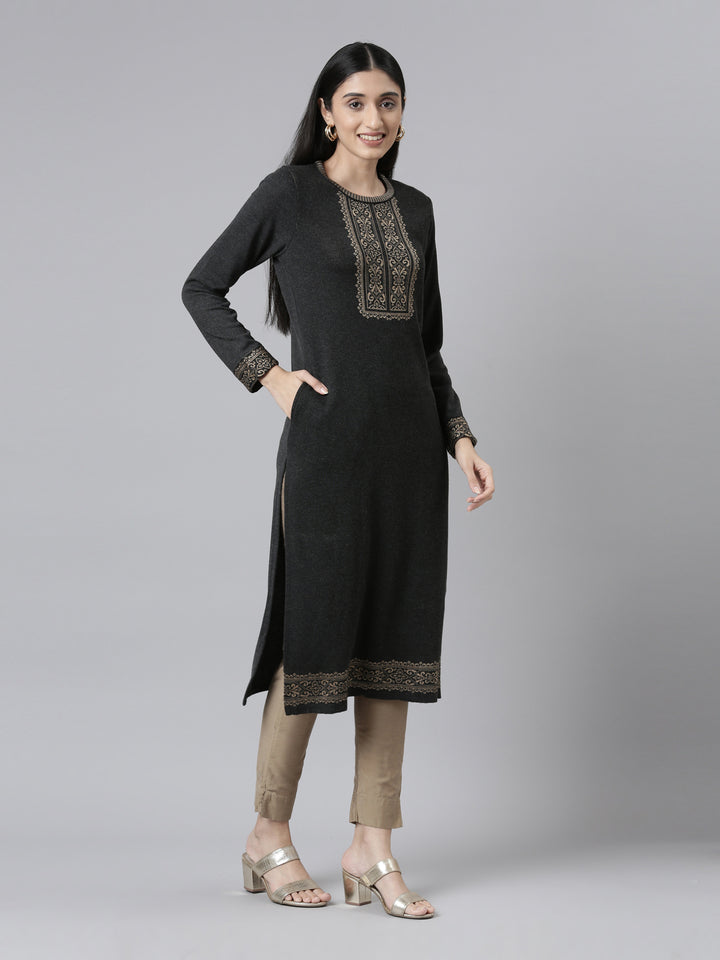 Neerus Winter Wear Charcoal Yoke Design Straight Fit Regular Acrylic Kurta For Women