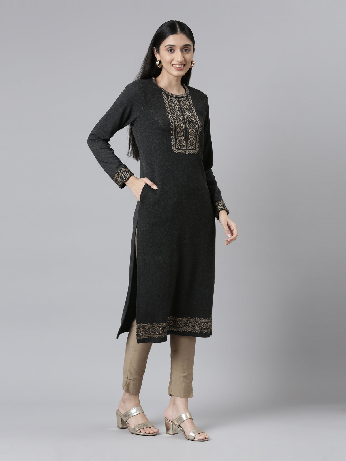 Neerus  Winter Wear Charcoal Yoke Design Straight Fit Regular Acrylic Kurta For Women
