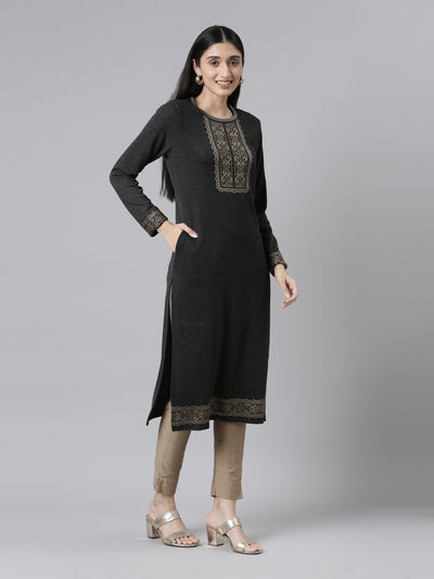 Neerus  Winter Wear Charcoal Yoke Design Straight Fit Regular Acrylic Kurta For Women
