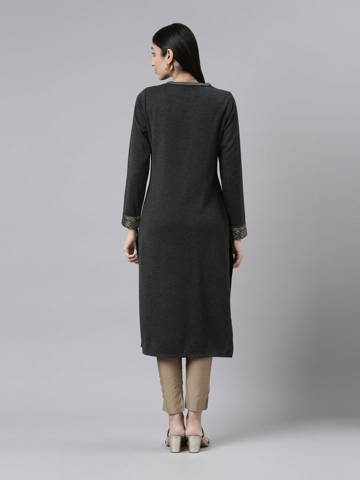 Neerus Winter Wear Charcoal Yoke Design Straight Fit Regular Acrylic Kurta For Women