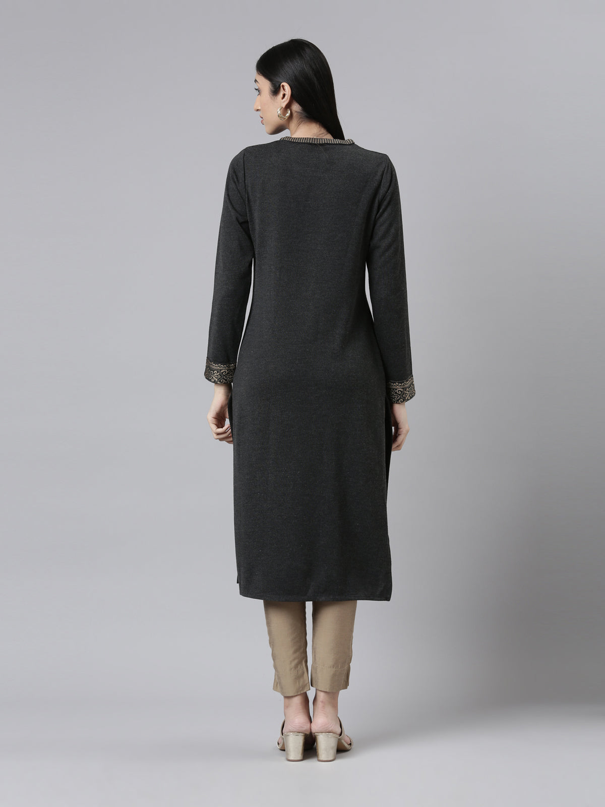 Neerus  Winter Wear Charcoal Yoke Design Straight Fit Regular Acrylic Kurta For Women
