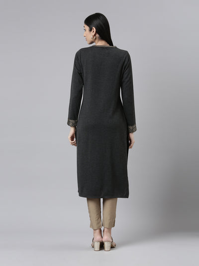 Neerus  Winter Wear Charcoal Yoke Design Straight Fit Regular Acrylic Kurta For Women