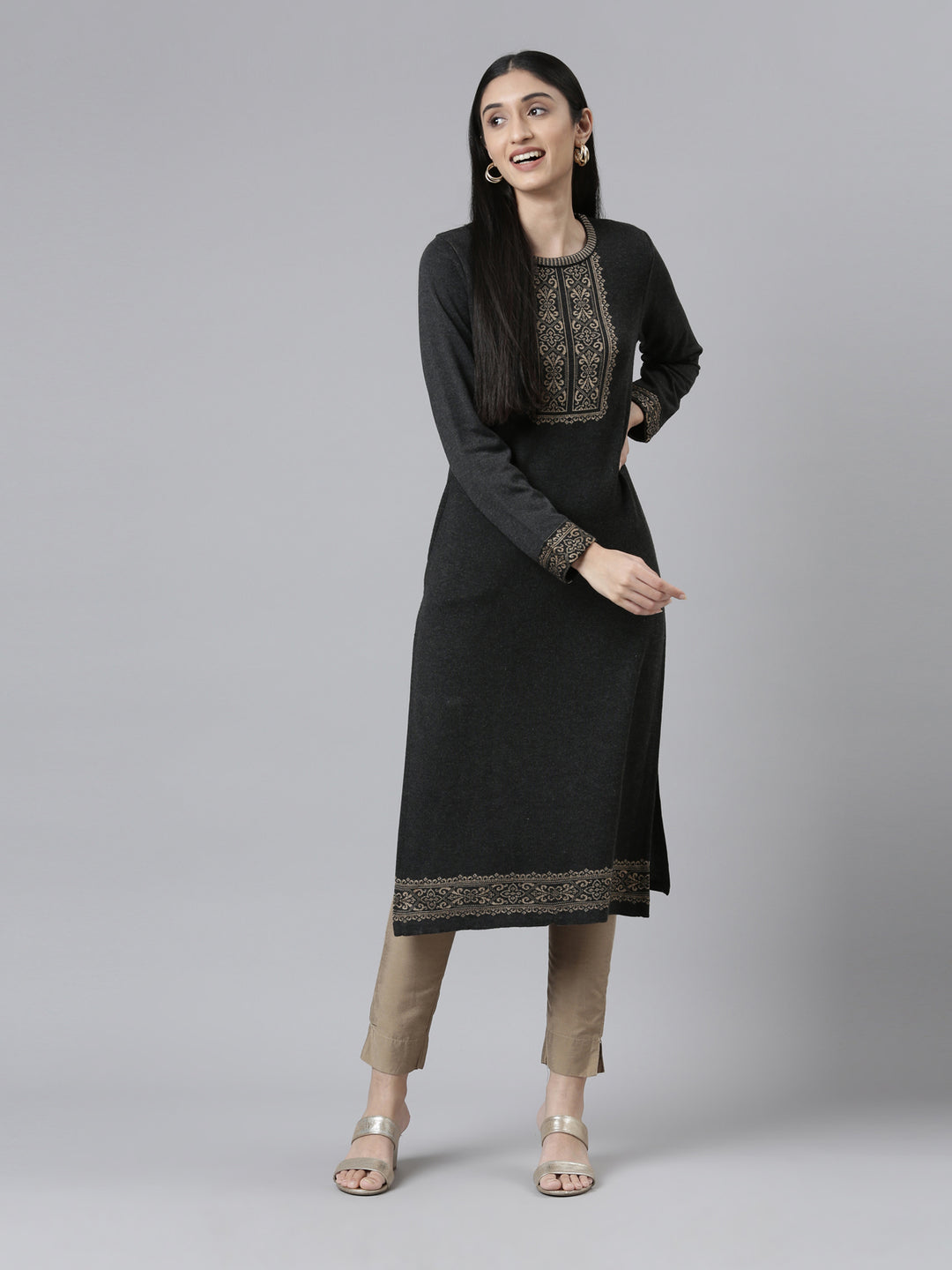 Neerus Winter Wear Charcoal Yoke Design Straight Fit Regular Acrylic Kurta For Women