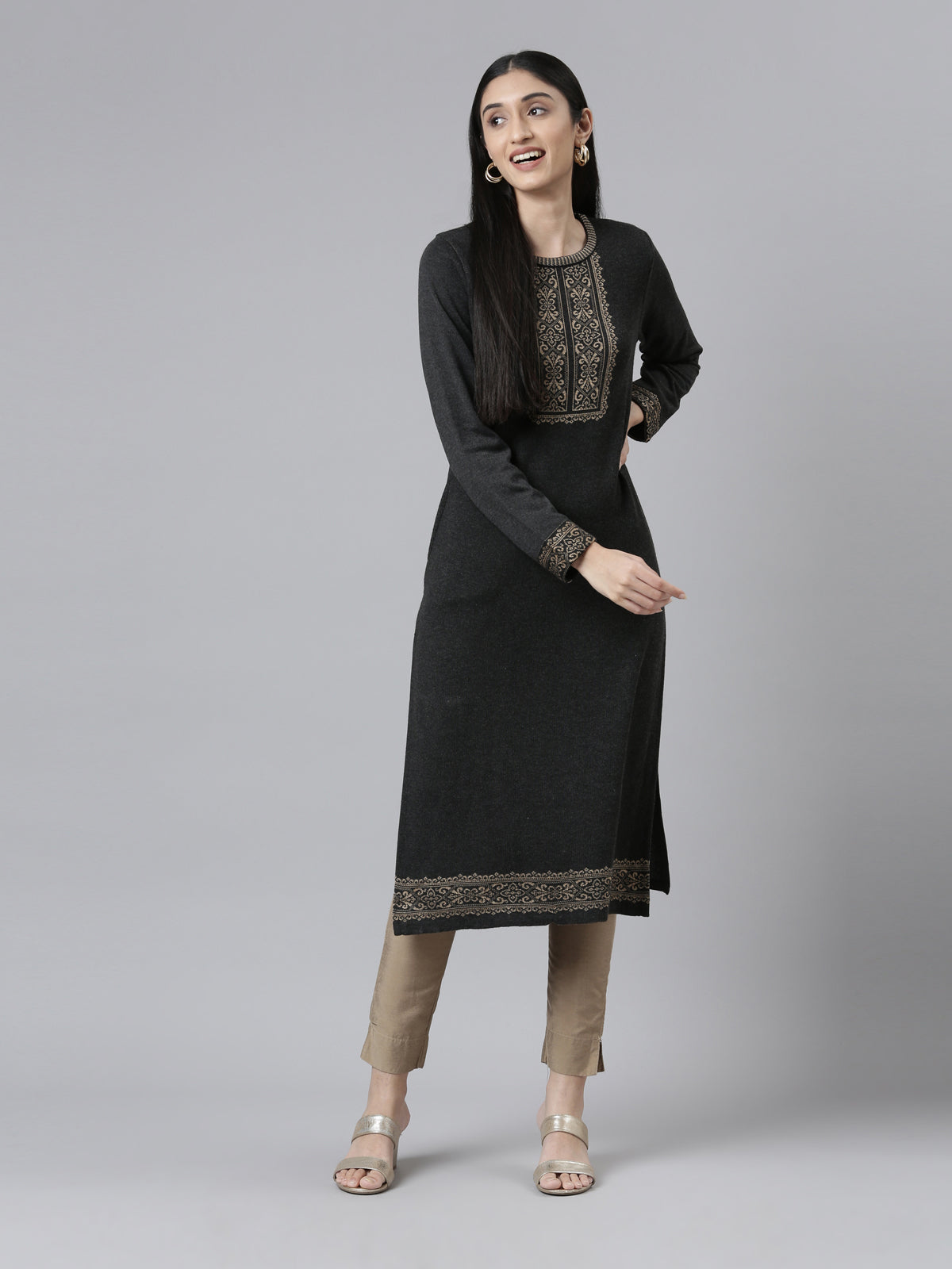 Neeru's Winter Wear Charcoal Yoke Design Straight Fit Regular Acrylic Kurta For Women