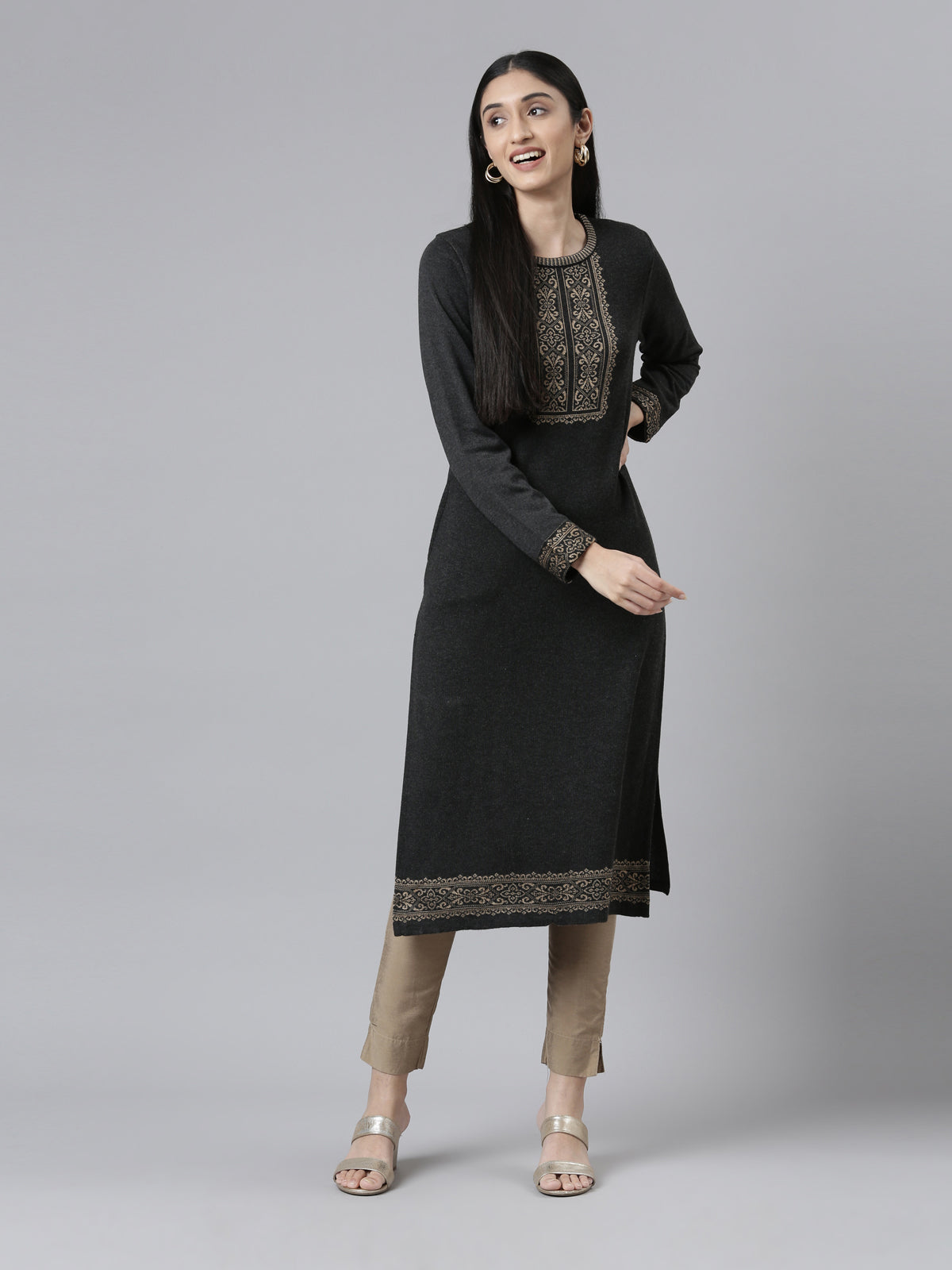 Neerus  Winter Wear Charcoal Yoke Design Straight Fit Regular Acrylic Kurta For Women